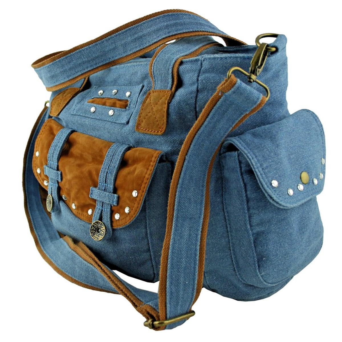 Jeanstasche Blau mit Kristall-Glassteinen – Schultertasche Strass C15