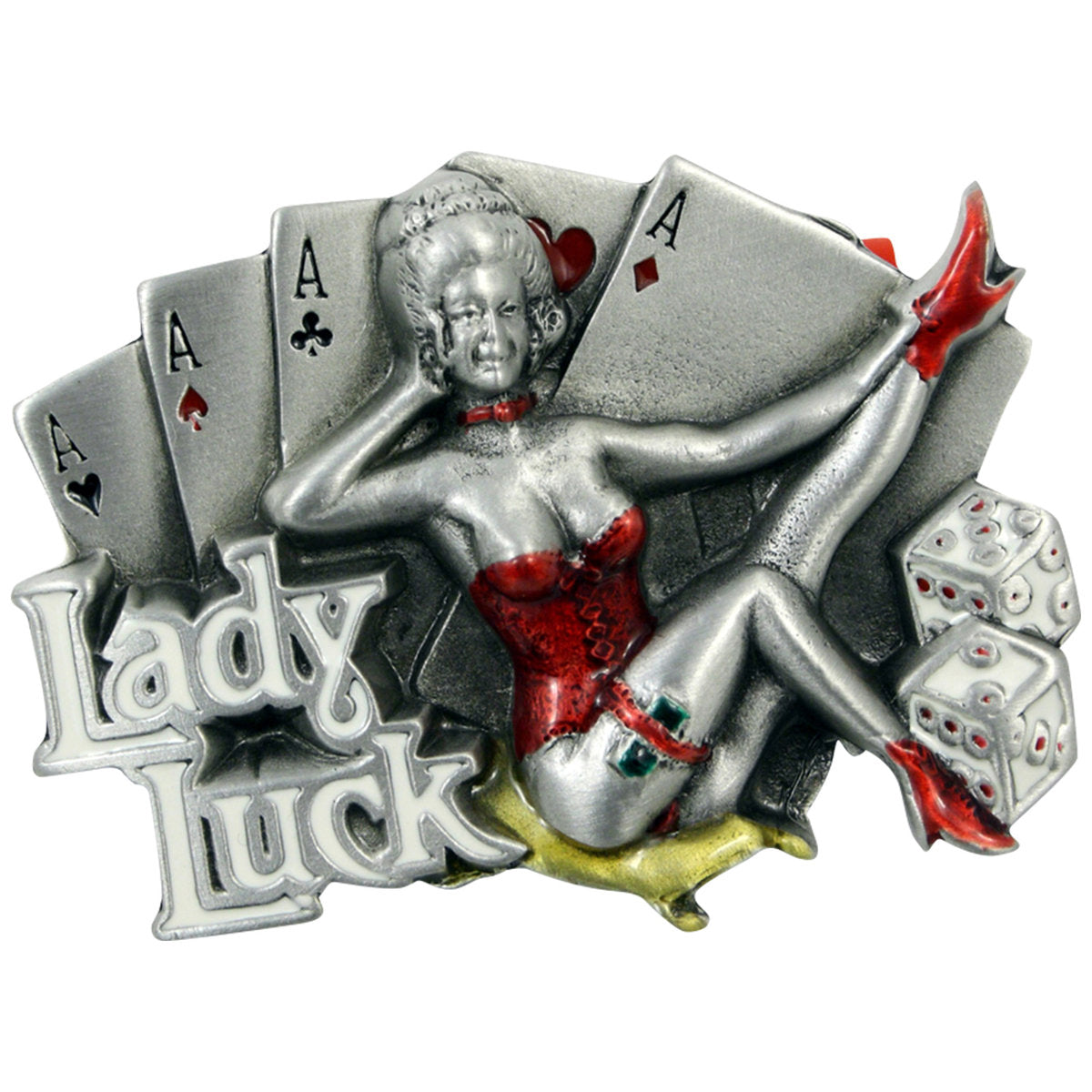 Gürtelschnalle Lady Luck aus Zinn – 3D Buckle für Gürtel bis 4 cm