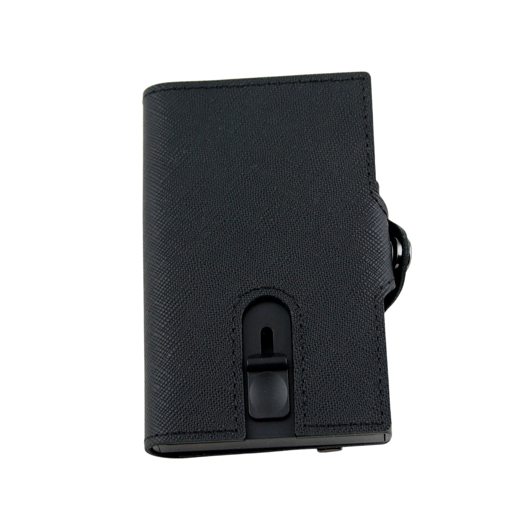 Pop-Out RFID Mini-Geldbörse Herren Leder Münzfach Kartenhalter Geldband Schwarz