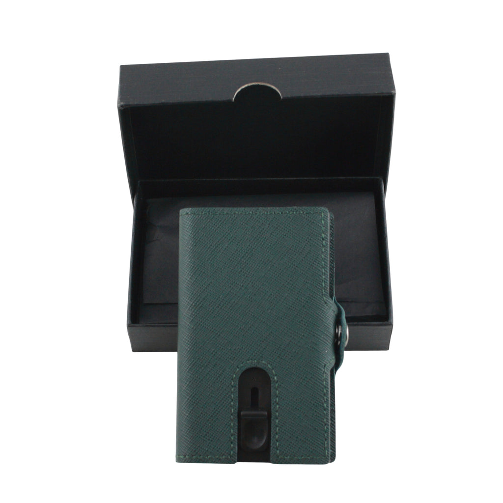 Pop-Out RFID Mini-Geldbörse Herren Leder Münzfach Kartenhalter Geldband Grün