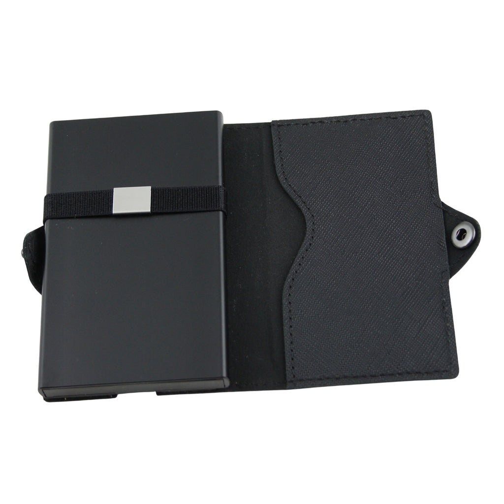 Pop-Out RFID Mini-Geldbörse Herren Leder Münzfach Kartenhalter Geldband Schwarz
