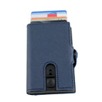 Pop-Out RFID Mini-Geldbörse Herren Leder Münzfach Kartenhalter Geldband Blau