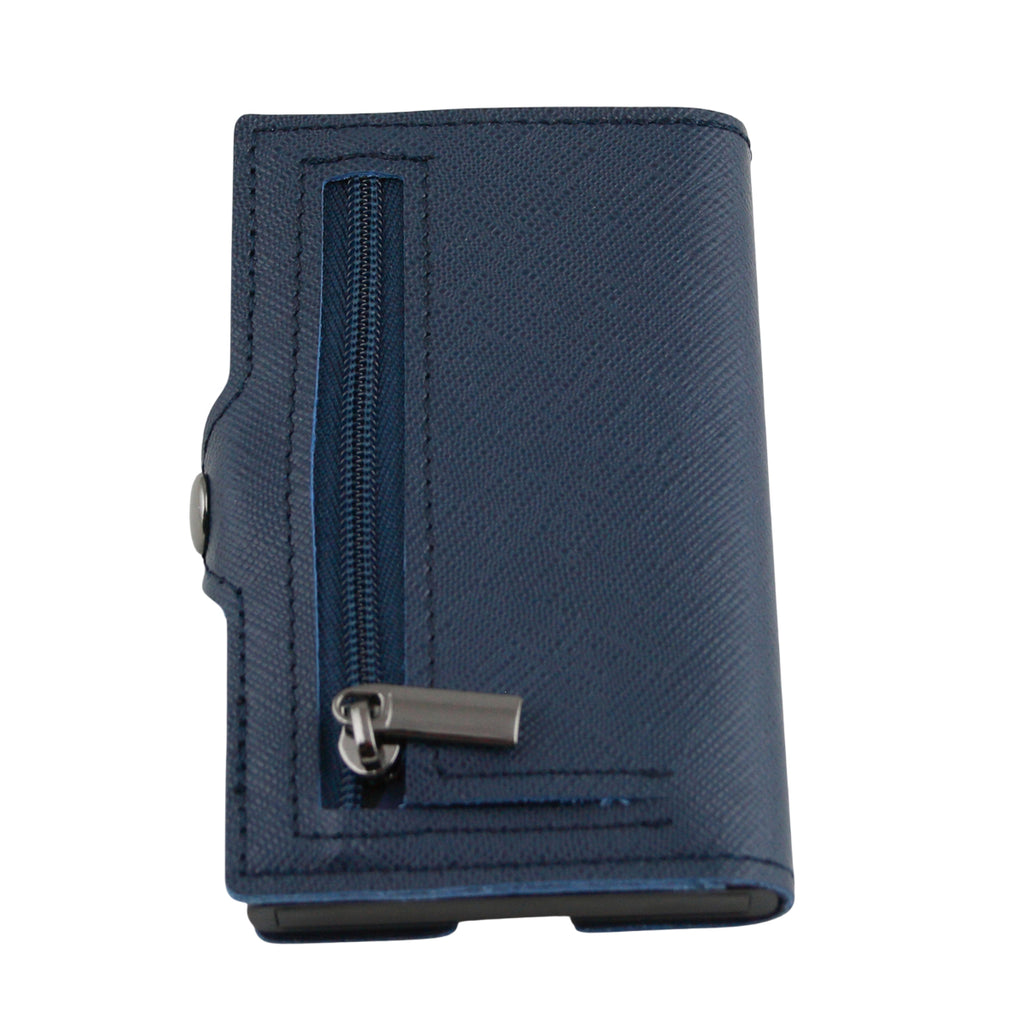 Pop-Out RFID Mini-Geldbörse Herren Leder Münzfach Kartenhalter Geldband Blau
