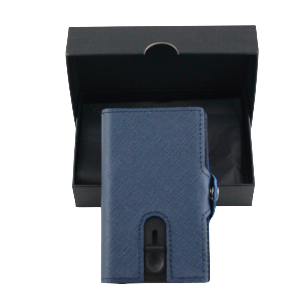 Pop-Out RFID Mini-Geldbörse Herren Leder Münzfach Kartenhalter Geldband Blau
