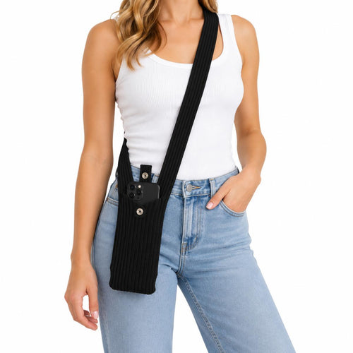 Crossbody Handytasche Schwarz – Ribbed Smartphone Tasche aus 100 % Polyester
