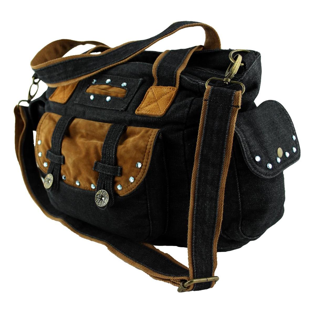 Jeanstasche Schwarz mit Kristall-Glassteinen – Schultertasche Strass C14