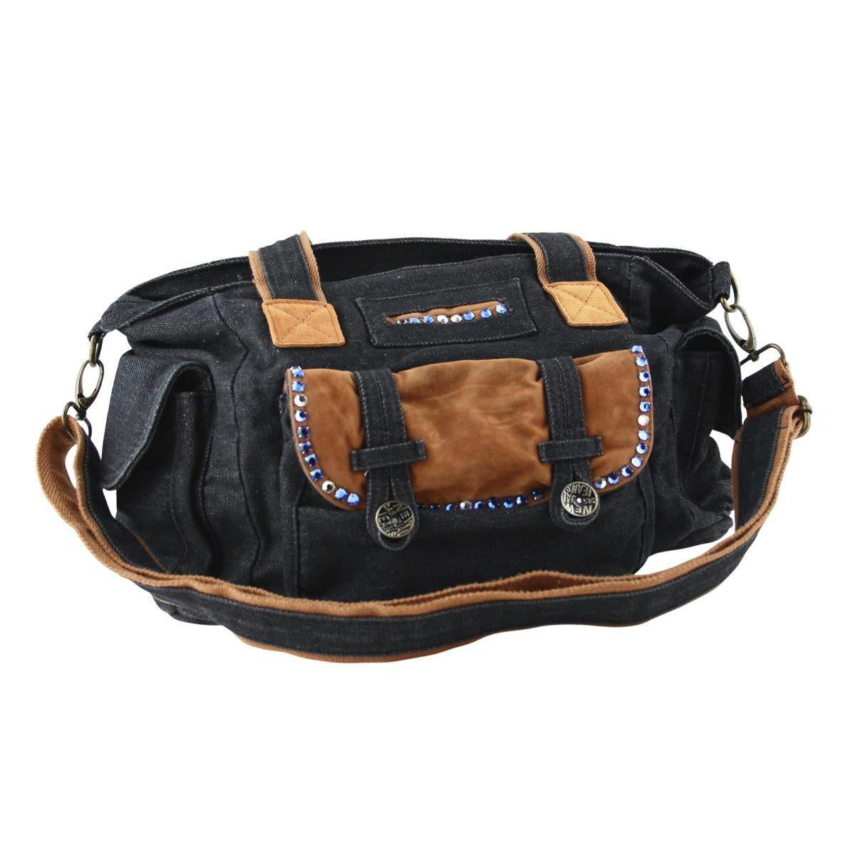 Jeanstasche Schwarz mit Kristall-Glassteinen – Schultertasche Strass C25