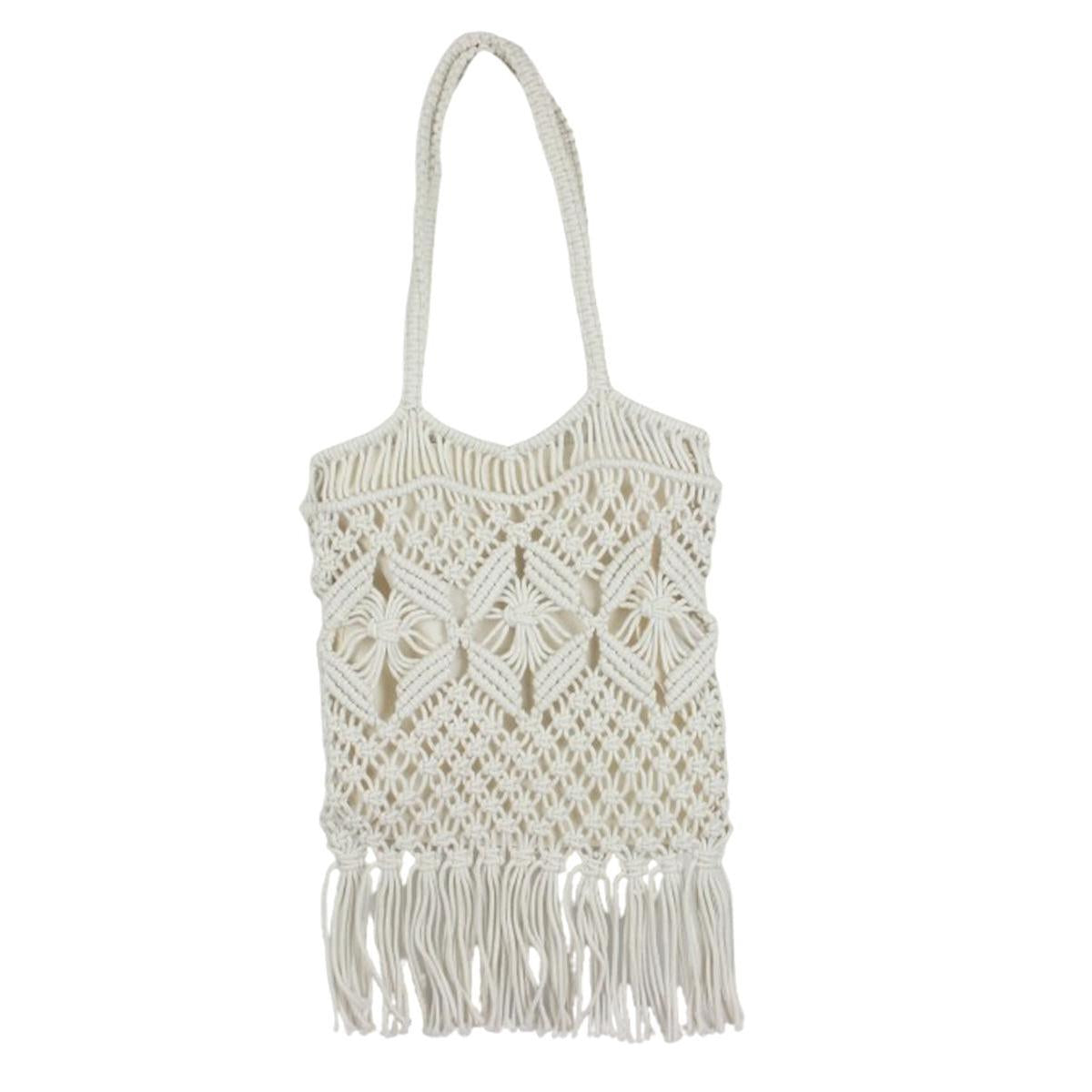 Makramee Tasche Damen Schultertasche Häkeltasche Fransen geflochten beige MT 12