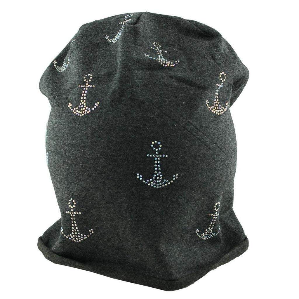 Mütze Beanie Damen Glitzer mit Strass Applikationen Anker Grau B07 onesize