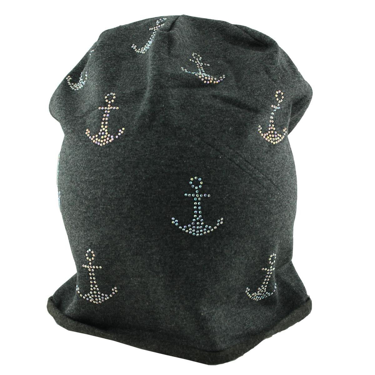 Mütze Beanie Damen Glitzer mit Strass Applikationen Anker Grau B07 onesize