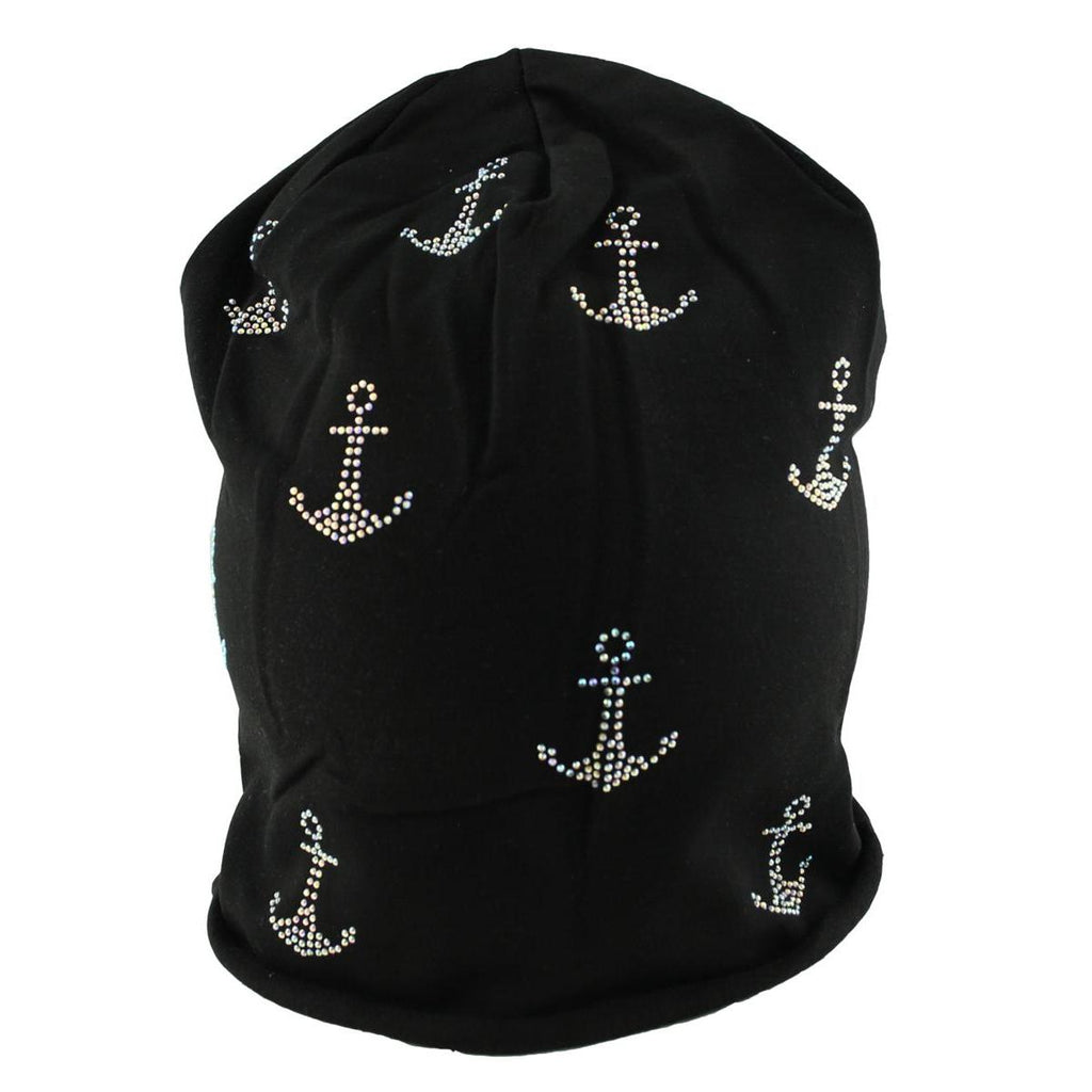 Mütze Beanie Damen Glitzer mit Strass Applikationen Anker Schwarz B08 onesize