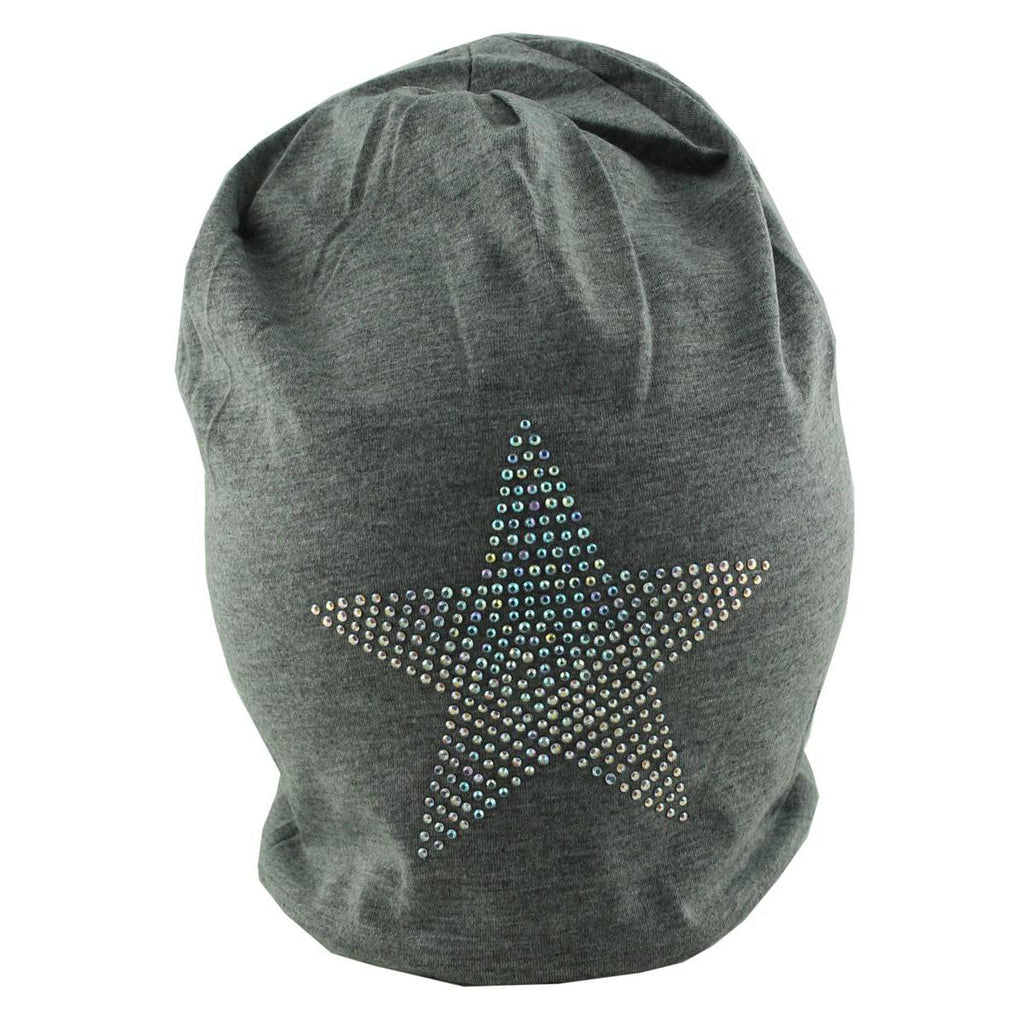 Mütze Beanie Damen Glitzer mit Strass Applikationen Stern Hellgrau B09 onesize