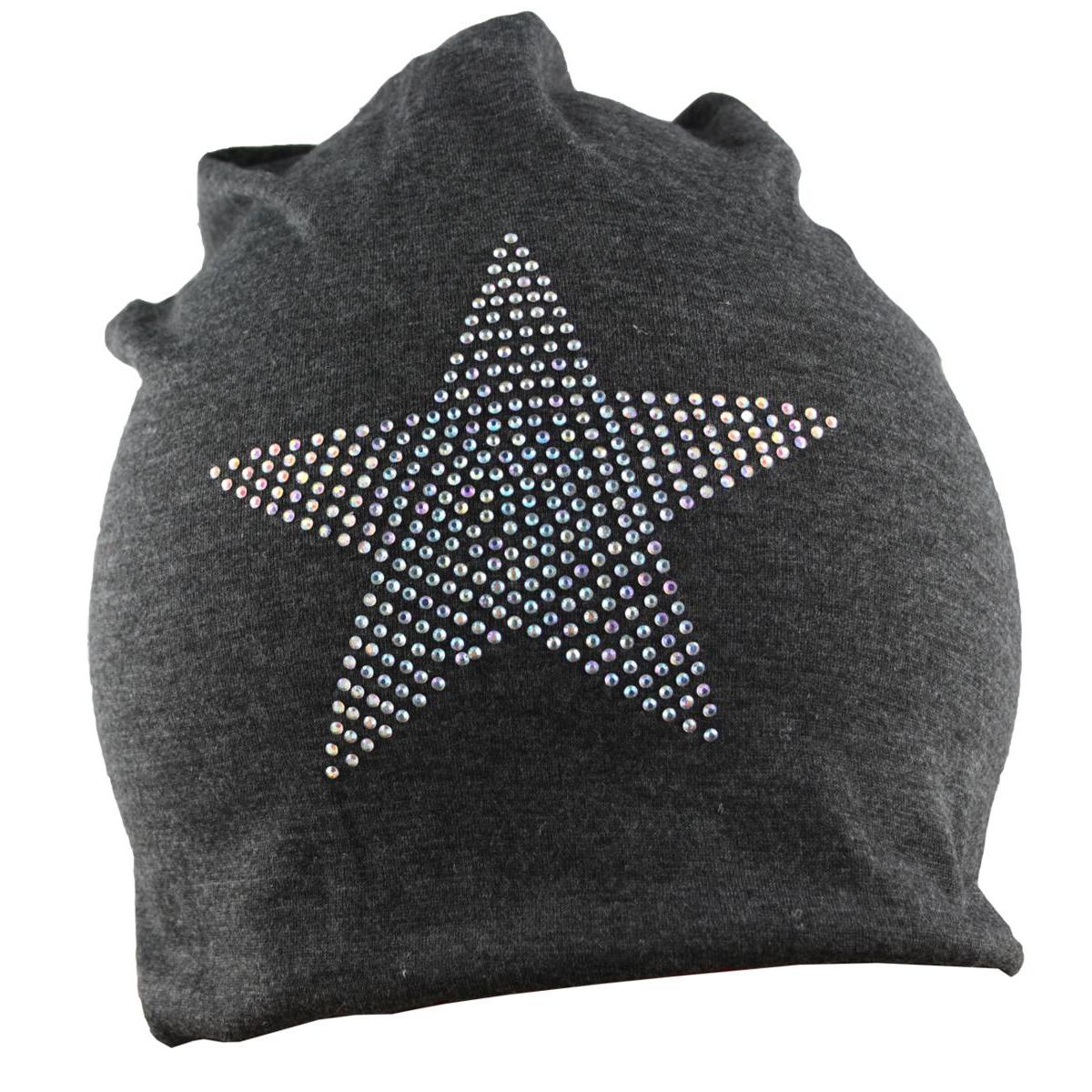 Mütze Beanie Damen Glitzer mit Strass Applikationen Stern Grau B05 onesize