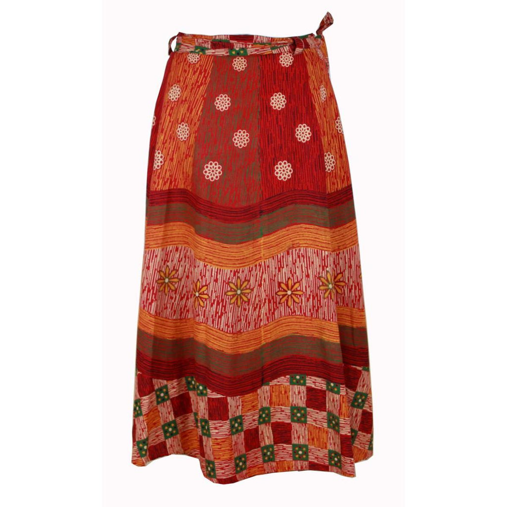 Wickelrock Damen aus Baumwolle – Rotes Blumen- & Ornamentmuster – Langer Sommerrock One Size