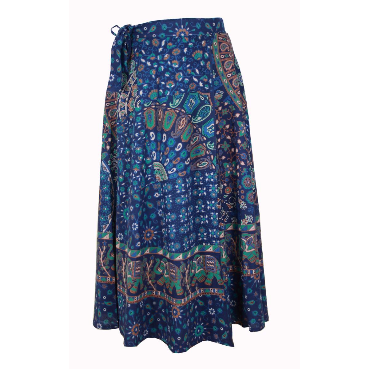 Wickelrock Damen aus Baumwolle – Blaues Paisley- & Blumenmuster – Langer Sommerrock One Size