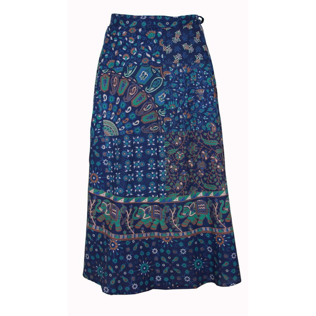 Wickelrock Damen aus Baumwolle – Blaues Paisley- & Blumenmuster – Langer Sommerrock One Size