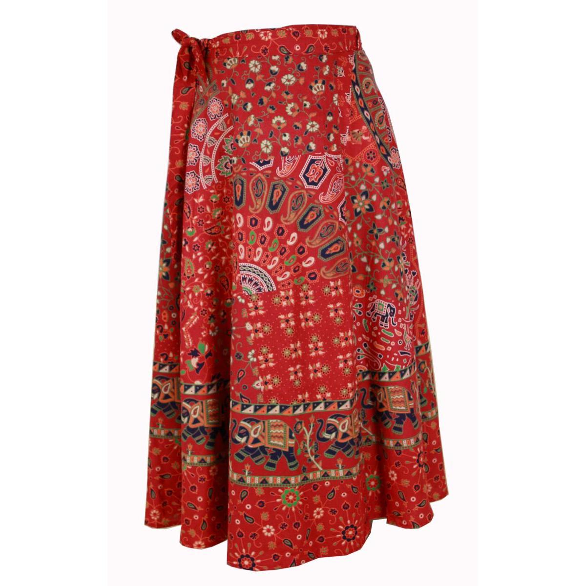 Wickelrock Damen aus Baumwolle – Rotes Paisley- & Blumenmuster – Langer Sommerrock One Size