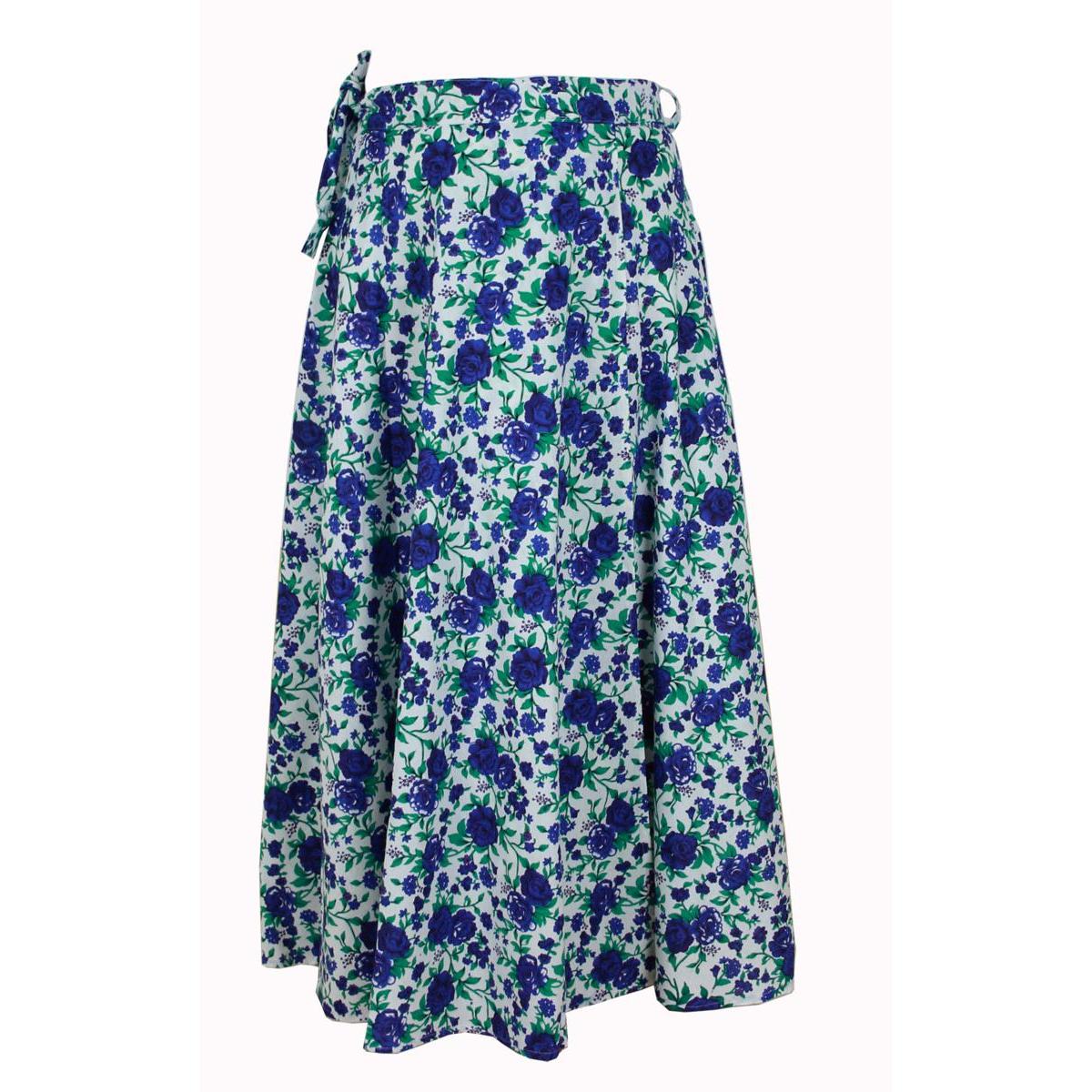 Wickelrock Damen aus Baumwolle – Blaues Blumenmuster – Langer Sommerrock One Size