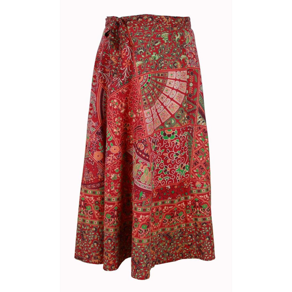 Wickelrock Damen aus Baumwolle – Rotes Paisley- & Blumenmuster – Langer Sommerrock One Size