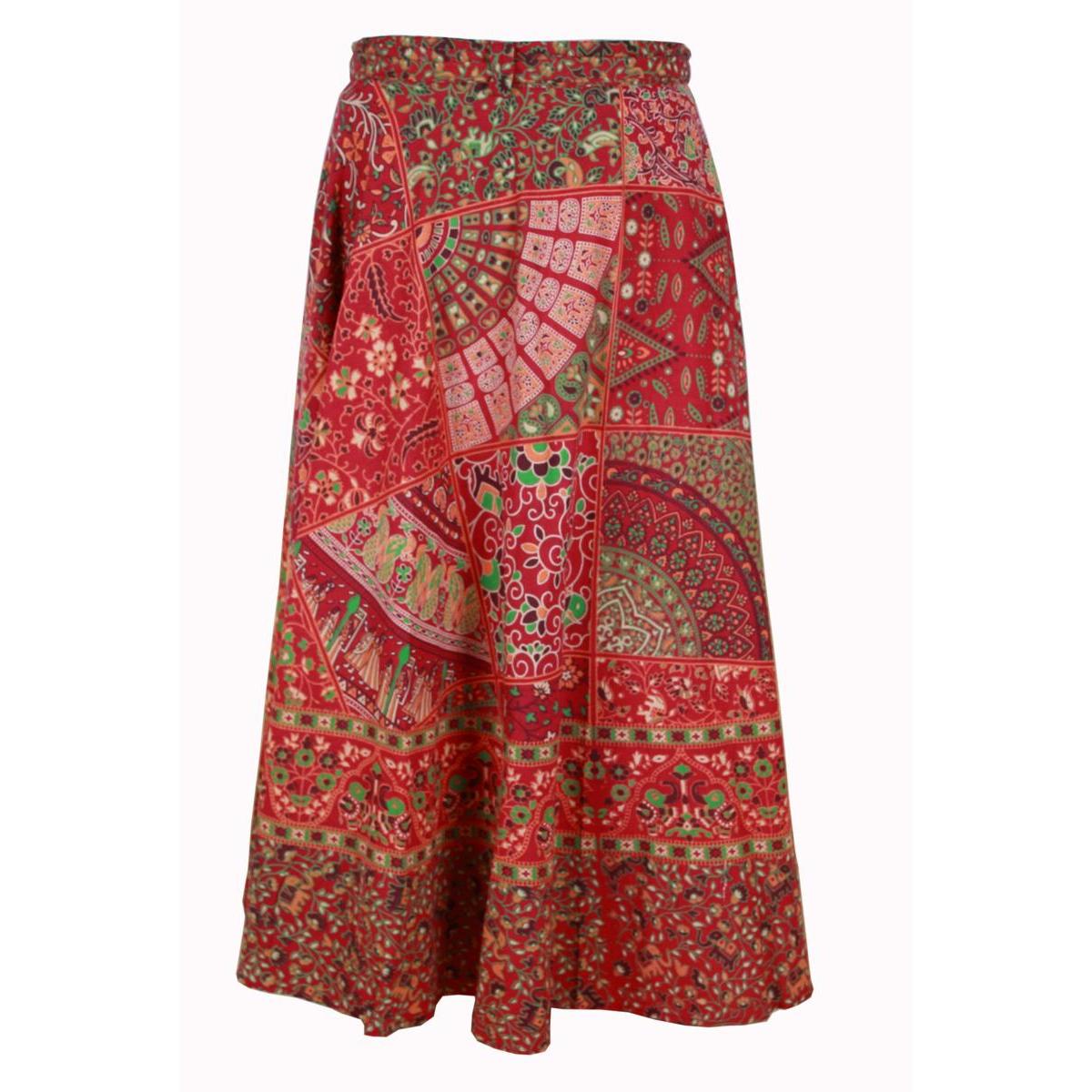Wickelrock Damen aus Baumwolle – Rotes Paisley- & Blumenmuster – Langer Sommerrock One Size