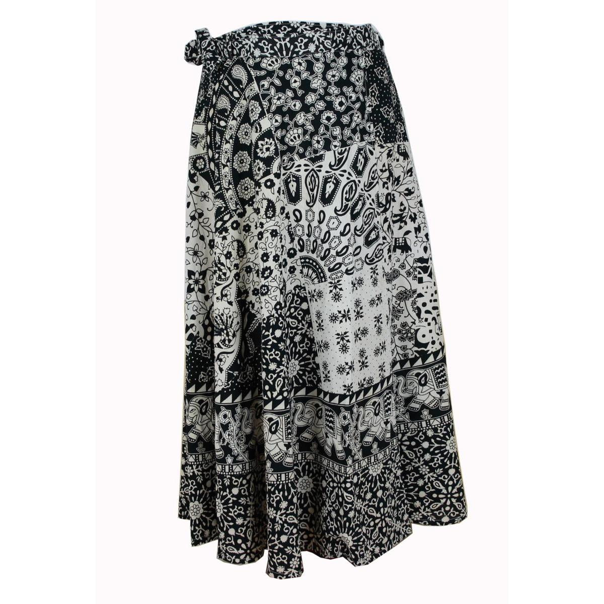 Wickelrock Damen aus Baumwolle – Schwarz-Weiß Ethno-Muster – Langer Sommerrock One Size