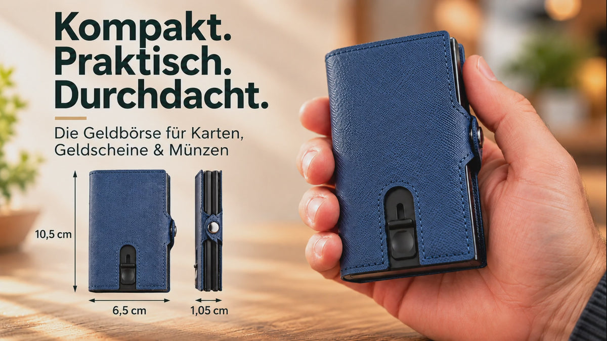 Pop-Out RFID Mini-Geldbörse Herren Leder Münzfach Kartenhalter Geldband Blau
